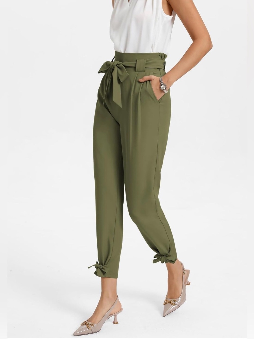 GRACE KARIN Army Green High-Waisted Paperbag Pencil Pants - Picture 4 of 5